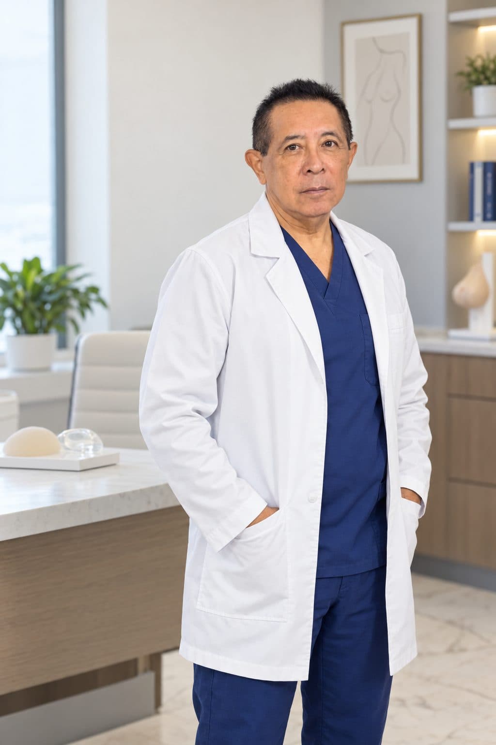 Dr. Carlos Alejos en su consultorio con implantes de muestra